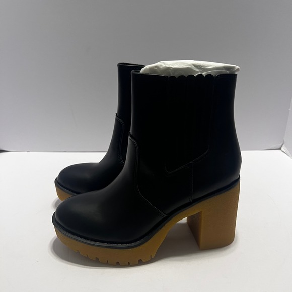 New Sun + Stone Women Black Chunky Platform Block Lug Sole Ankle Boots Side Zip - Picture 7 of 9